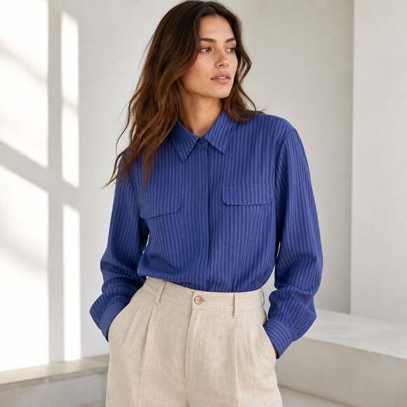 Joanna Tops - Joanna Women's Blue Striped Long Sleeve Button-Down Blouse with Dual Pockets